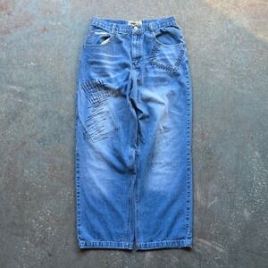 VTG Y2K Southpole Mens Baggy Jeans Blue Denim Patchwork Stitching Size 32x32
